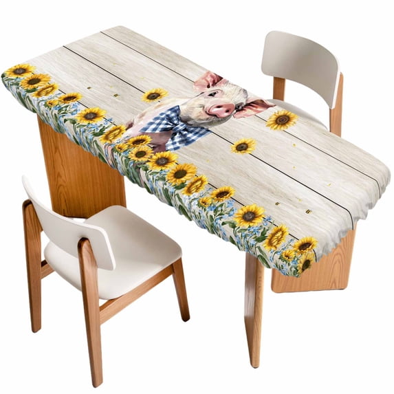 Cute Pig Table Cloths for 8 Foot Rectangle Tables, Yellow Sunflowers Beige Wooden Vintage Art Patio Waterproof Elastic Fitted Tablecloths, Washable Rectangular Table Cover for Camping