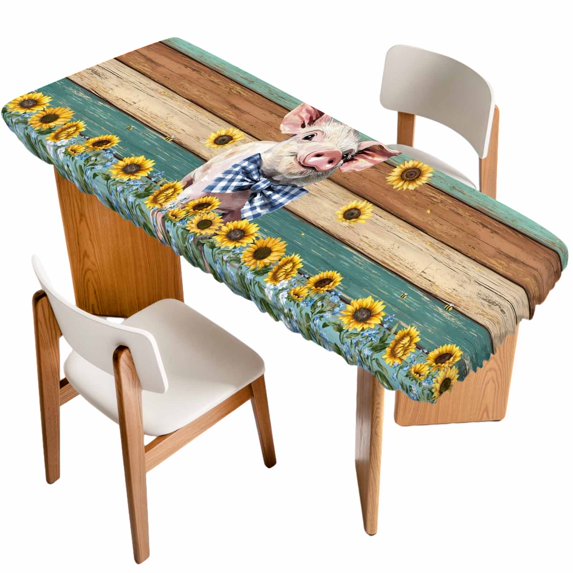 Cute Pig Table Cloths for 8 Foot Rectangle Tables, Yellow Sunflowers Teal Brown Wooden Vintage Art Patio Waterproof Elastic Fitted Tablecloths, Washable Rectangular Table Cover for Camping