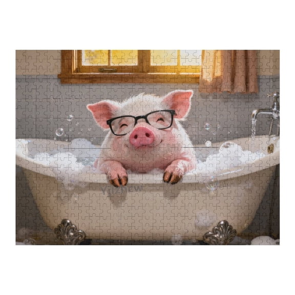 Cute Pig Taking Bubble Bath Wooden Puzzle 500 Pieces for Adults, Tabletop Brain Teaser, Indoor Leisure Activity, Relaxing Home Hobby, Creative Wooden Puzzle Entertainment