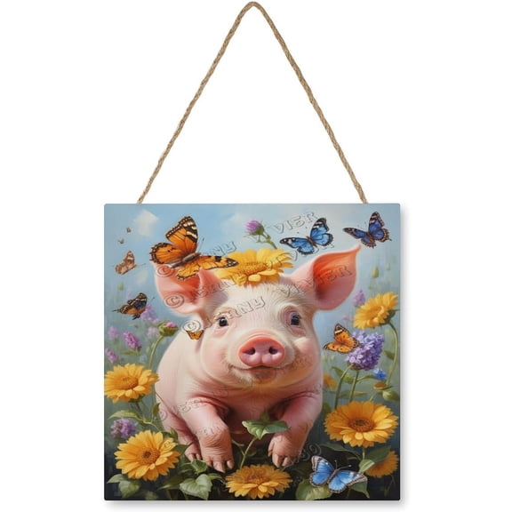 Cute Pig Themed Wooden Hanging Sign - Rustic Farmhouse Decor for Animal Lovers, Ideal for Living Room and Kitchen 12"x12"