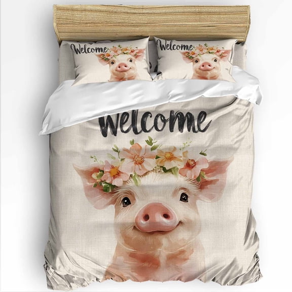 Cute Pig Twin Size Comforter Set, Welcome Garland Rustic Soft Bedding for All Seasons, 4 Pcs Bed Set with 1 Comforter (68"x86") ,1Sheet(66"x116"), 2 Pillowcases (19"x29")