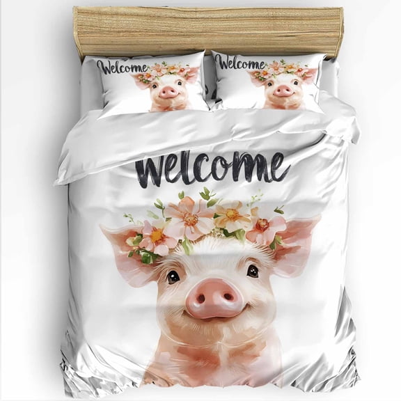 Cute Pig Twin Size Comforter Set, Welcome Garland Soft Bedding for All Seasons, 4 Pcs Bed Set with 1 Comforter (68"x86") ,1Sheet(66"x116"), 2 Pillowcases (19"x29")