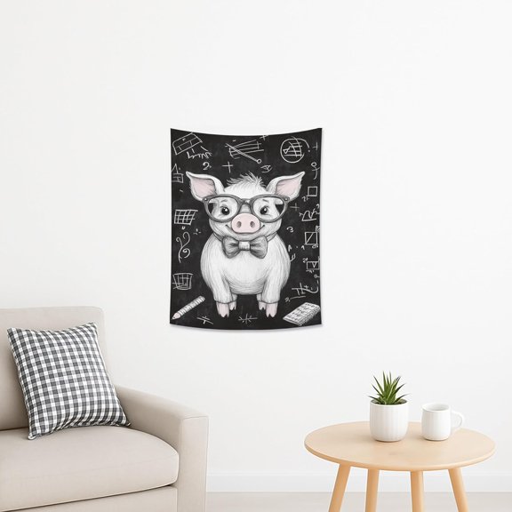 Cute Pig Wall Tapestry, Black White Cartoon Animal Decor, Fun Educational Tapestries for Classroom, Kids Room, Living Room, Wall Art 30x40 Inch