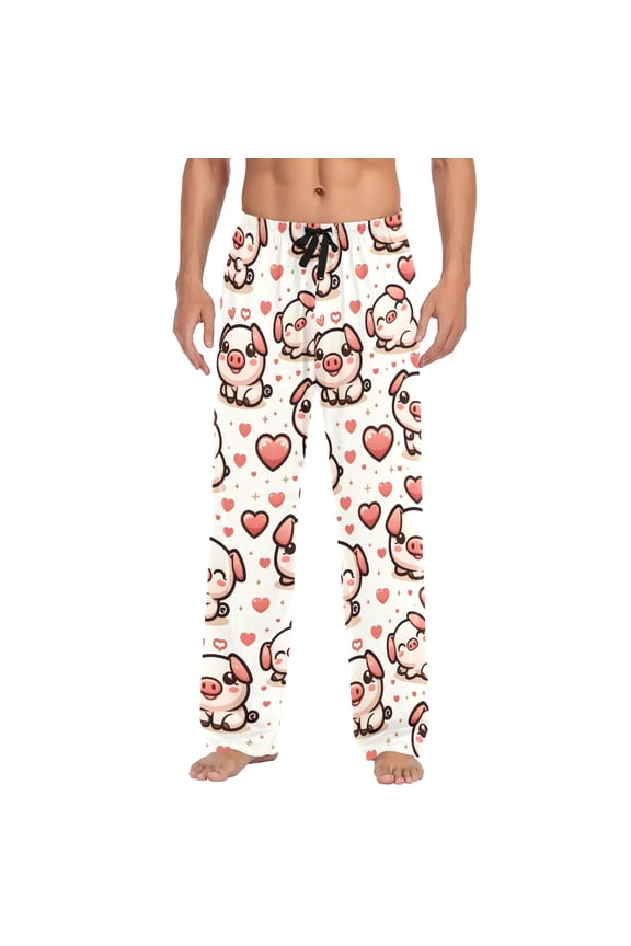Cute Pig and Hearts Men's Pajama Pants Cotton Long Sleepwear Lounge Pants L