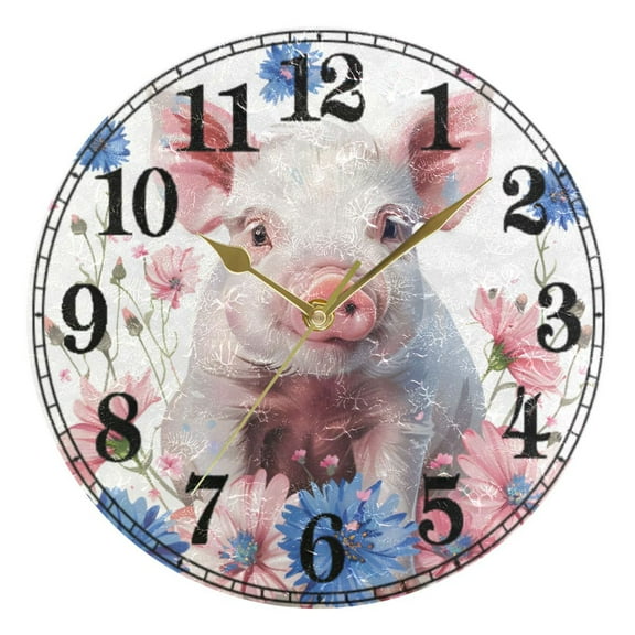 Cute Pig in Floral Silent Wall Clock 10" Non-Ticking Battery Clock