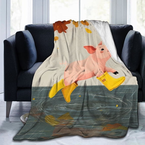 Cute Pig in Rainboots Throw Blanket, Cottagecore Puddle Artwork, Playful and Cozy Home Decor 50x40