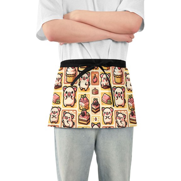 Cute Pig with Cake Server Apron with 3 Pockets Waterproof Waitress Waist Short Apron for Man Woman 12 Inches