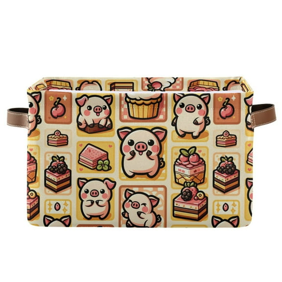 Cute Pig with Cake Storage Bins with Handle Fabric Organizer Basket Foldable Box 1 Pack 14.2x10.2x8.3