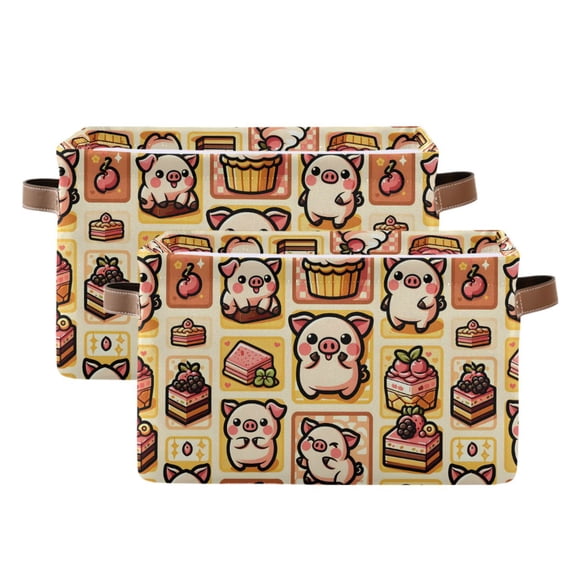 Cute Pig with Cake Storage Bins with Handle Fabric Organizer Basket Foldable Box 2 Pack 14.2x10.2x8.3
