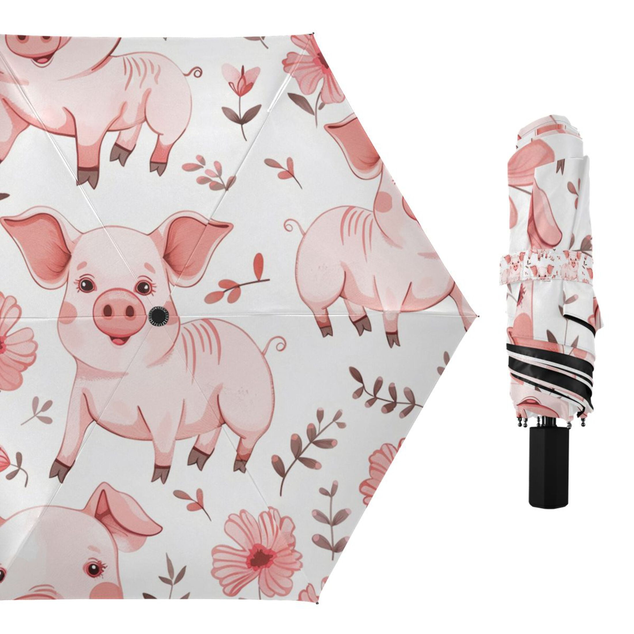 Cute Pig with Flower Compact Sun Umbrella Windproof Travel Umbrellas for Rain Strong Portable UV Protection
