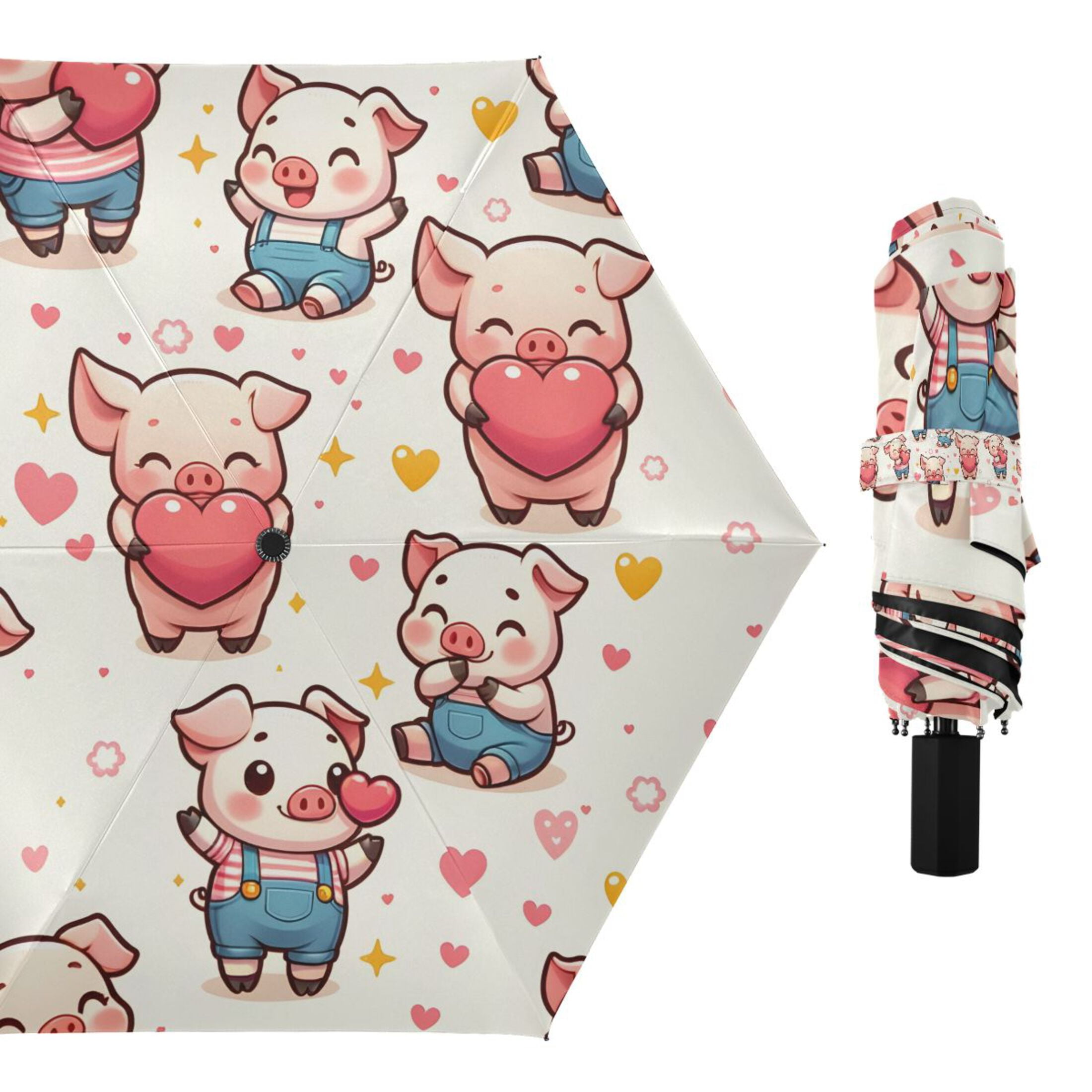 Cute Pig with Heart Compact Sun Umbrella Windproof Travel Umbrellas for Rain Strong Portable UV Protection