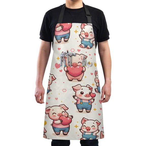 Cute Pig with Heart Kitchen Apron with 2 Pockets Adjustable waterproof Cooking Aprons for Women Men Chef