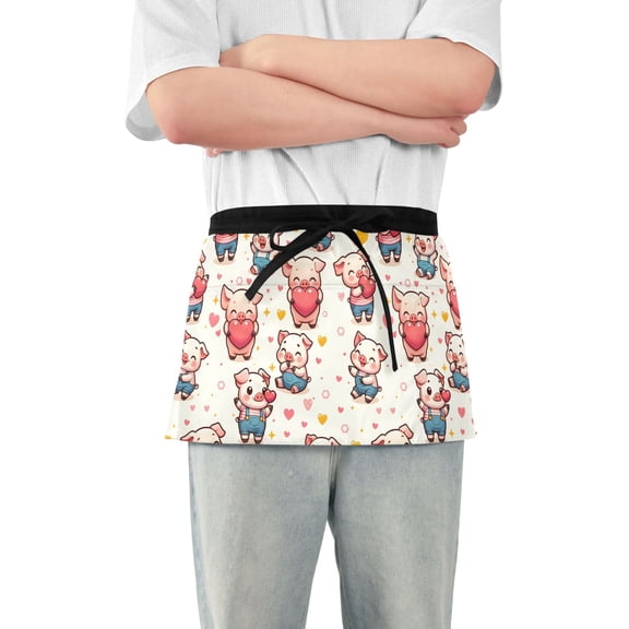 Cute Pig with Heart Server Apron with 3 Pockets Waterproof Waitress Waist Short Apron for Man Woman 12 Inches