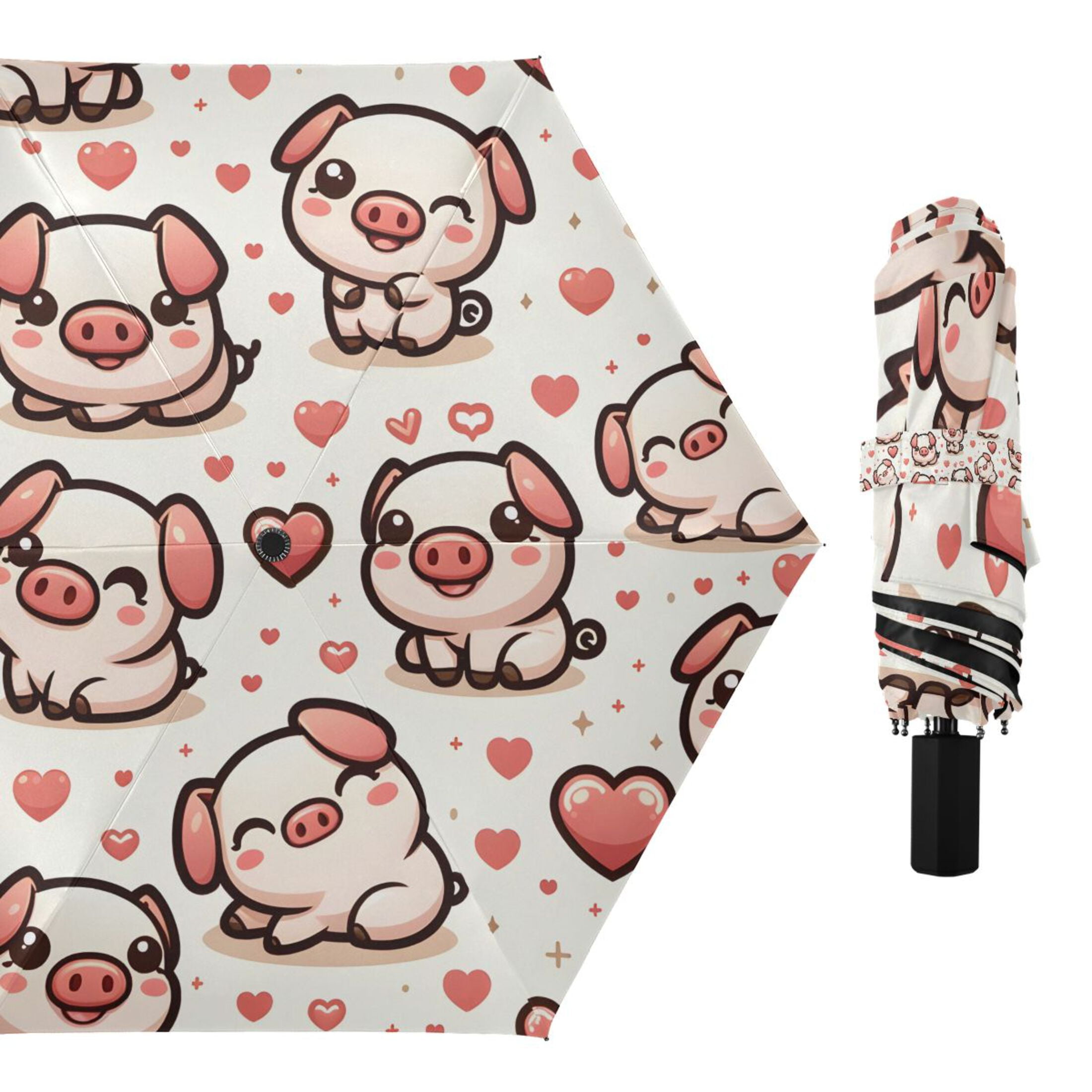 Cute Pig with Hearts Compact Sun Umbrella Windproof Travel Umbrellas for Rain Strong Portable UV Protection