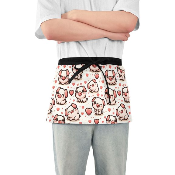 Cute Pig with Hearts Server Apron with 3 Pockets Waterproof Waitress Waist Short Apron for Man Woman 12 Inches
