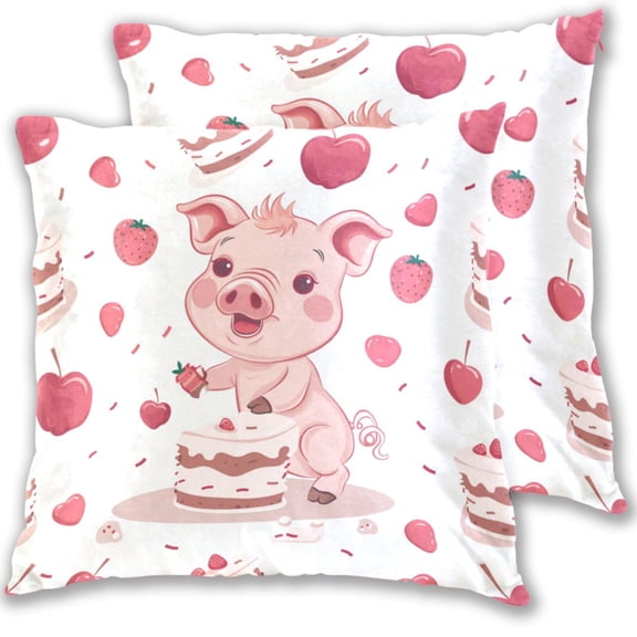 Cute Piggy Eating Cake Strawberry Cherry Throw Pillow Covers Pillowcases 20 x 20 Inch Home Decor 2 Packs for Bedroom Sofa