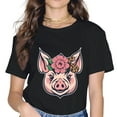 thumbnail image 1 of Cute Piggy Floral Print Crew Neck T-Shirt, 1 of 3