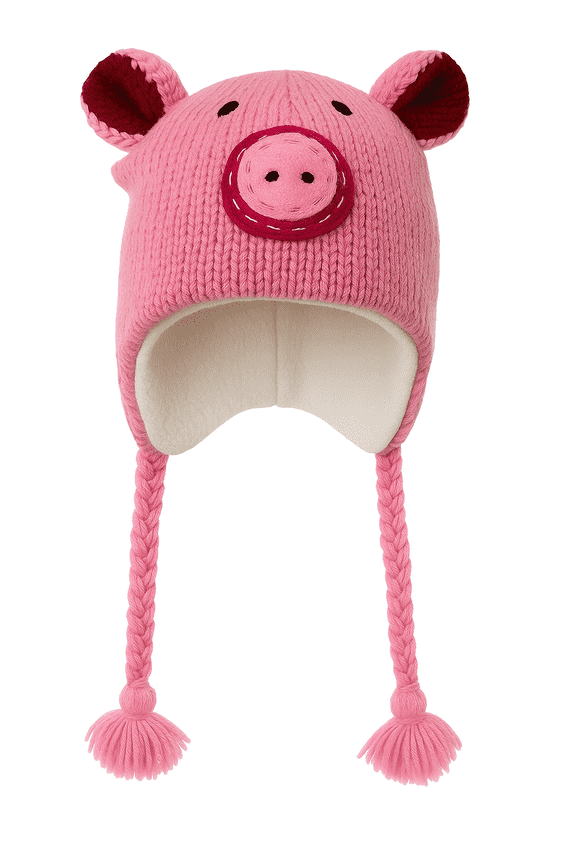 Cute Piggy Woolen Animal Hat Hand-Knitted  with Micro Fleece Lining for Children, Teens & Adults
