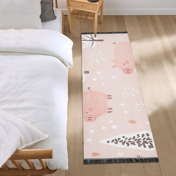 Cute Pigs Hearts Christmas Trees with Snow Bedside Runner Rug 2'x 6' Non Slip Carpet Floor Mat Area Rug