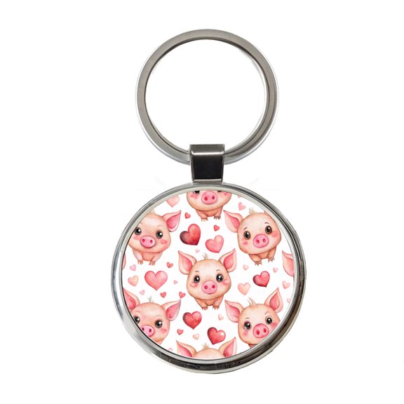 Cute Pigs Hearts Watercolor Metal Round Keychain