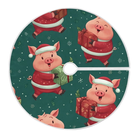 Cute Pigs Hold Christmas Gift Christmas Tree Skirt Opening Design Floor Mat Holiday Decor 35 inch