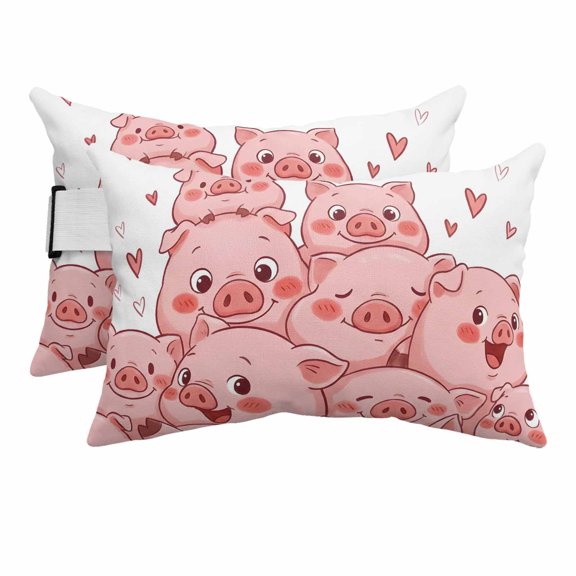 Cute Pigs Outdoor Pillows for Chaise Lounge Chair Beach Headrest Pillow Set of 2 Waterproof Lumbar Pillows with Insert&Adjustable Elastic Strap Cartoon Animals Love Heart Pool Pillow 12"x20"