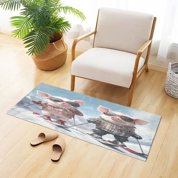 Cute Pigs Skiing Plush Carpet Non Slip Runner Rug Absorbent Bath Mat 39" x 20"