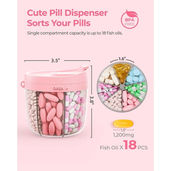 Cute Pill Dispenser with 7 Large Compartments, Portable Pill Bottle Organizer with Wide Opening for Easy Use, Anti-Mix Pill Organizer for Travel, BPA-Free Pill Container, White