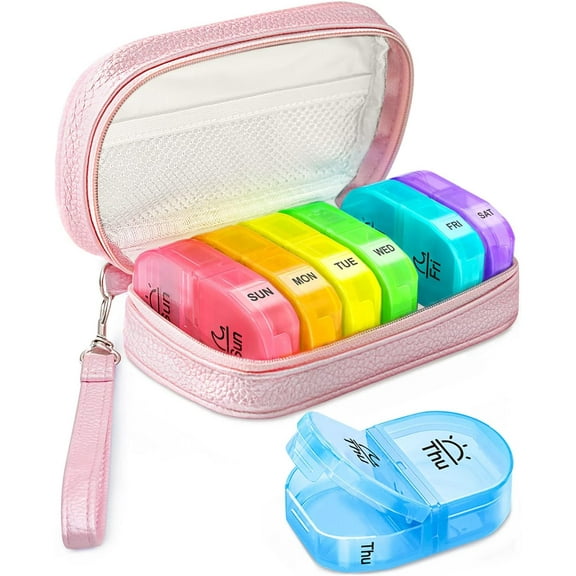 Cute Pill Organizer 2 Times a Day, PU Leather Pill Case for Women, Portable Weekly Pill Box for Purse with Storage Bag to Hold Vitamins, Medications, Fish Oils, Supplements (Pink)