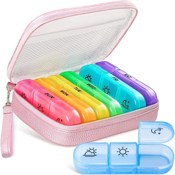 Cute Pill Organizer 3 Times a Day, Large Daily Pill Case for Women, Portable Pill Box 7 Day for Purse with Bag & Zipper to Hold Vitamins, Medications, Fish Oils, Supplements (Pink)