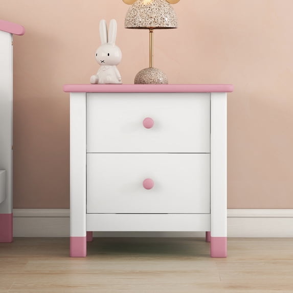 Cute Pine Nightstand with 2 Drawers and 4 Round Legs, End Table for Bedroom Small Space, Bedside Cabinet, Telephone Table, White & Pink