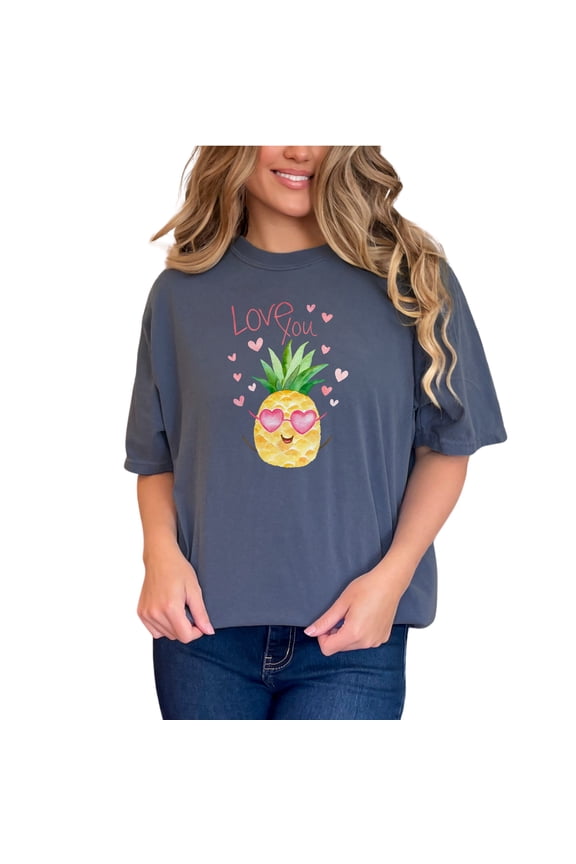 Cute Pineapple Love You T-Shirt, Heart Sunglasses Graphic Tee, Fun Summer Pineapple Shirt, Adorable Fruit Design Top, Pineapple Love, Denim Comfort Colors T-Shirt, Medium