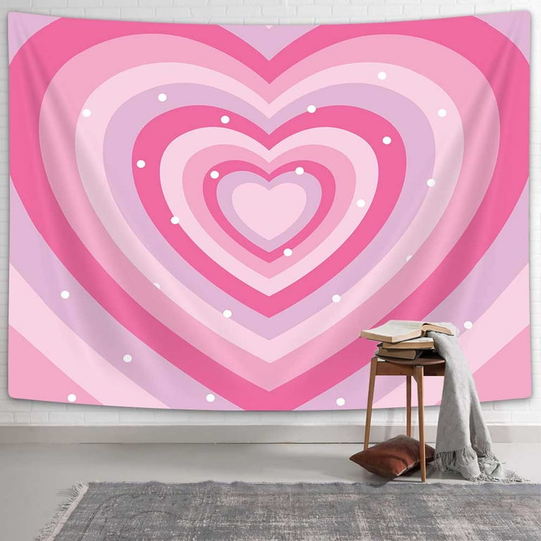 Cute Pink Aesthetic Tapestry For Girl Bedroom, Pink Red Heart - Main Image