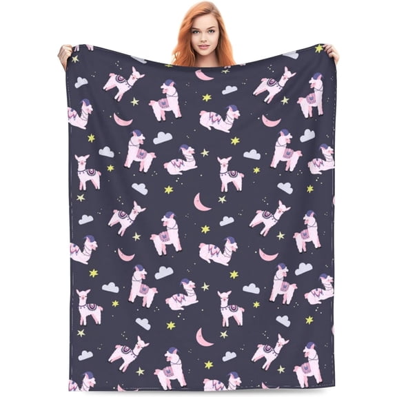 Cute Pink Alpaca Blanket Cozy Soft Warm Plush Throw Fleece Flannel Fuzzy Star Moon Llama Blankets All Season Couch Sofa 50"x40" Travel Birthday Decorations Christmas Decor Gifts for Kids Children
