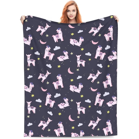 Cute Pink Alpaca Blanket Cozy Soft Warm Plush Throw Fleece Flannel Fuzzy Star Moon Llama Blankets All Season Couch Sofa 80"x60" Travel Birthday Decorations Christmas Decor Gifts for Kids Children