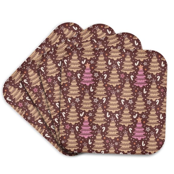 3drose, Cute Pink and Beige Christmas Trees, Candy Canes, and Stars Pattern, Set of 4 Coasters - Soft