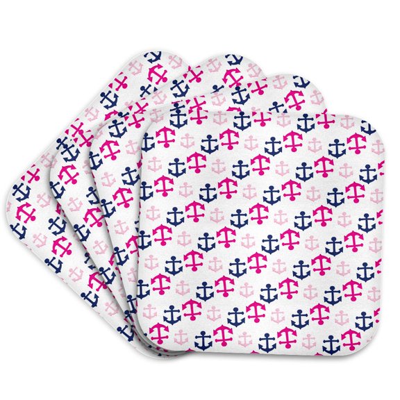 3drose, Cute Pink and Dark Blue Nautical Sailing Anchors Pattern, Set of 4 Coasters - Soft