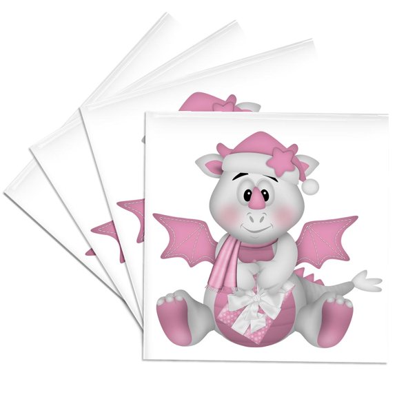 Cute Pink And White Baby Dragon Illustration, set of 4 Ceramic Tile Coasters