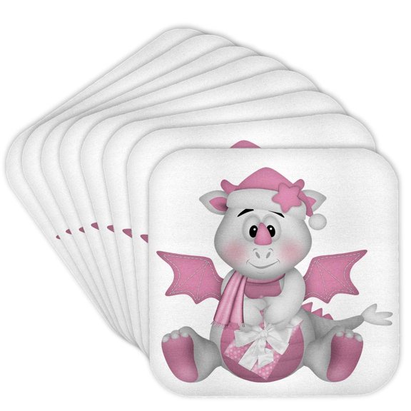 Cute Pink And White Baby Dragon Illustration, set of 8 Coasters - Soft