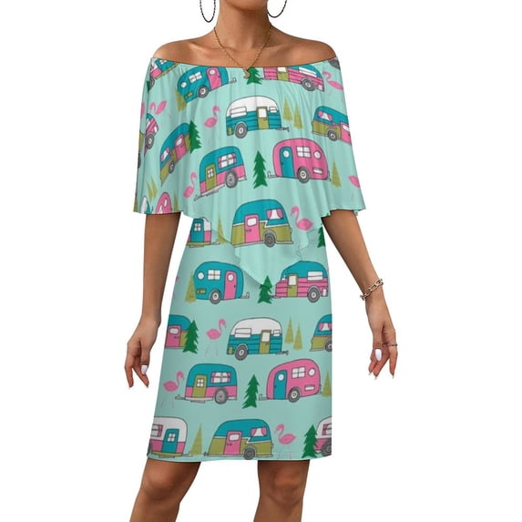 Cute Pink And White Flamingo Retro Road Trip Women's Off The Shoulder Ruffles Summer Wedding Guest Loose Casual Party Beach Dress