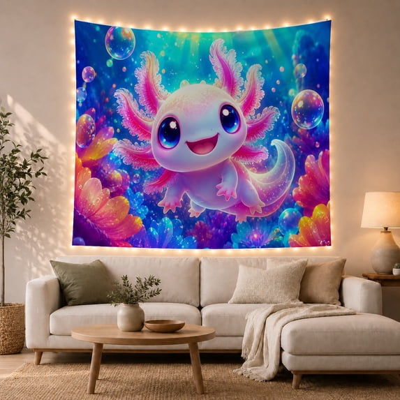 Cute Pink Axolotl in Magical Underwater Reef, Dreamy Fantasy for Kids, Animal Wall Art, Birthday Gift Tapestry Wall Hanging for Bedroom, Dorm