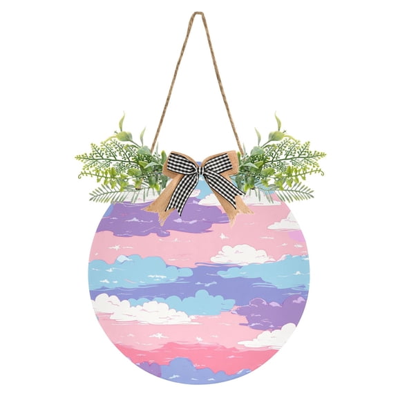 Cute Pink Blue Clouds Front Door Porch Decoration Hanging Sign with Artificial Green Plants and Bow for Home Outdoor Indoor
