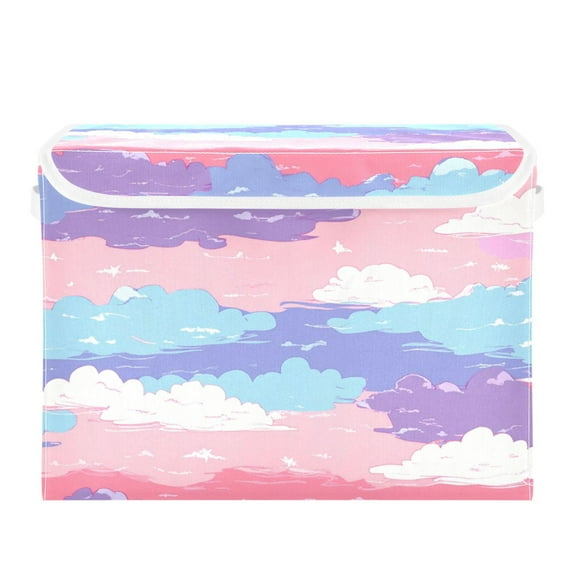 Cute Pink Blue Clouds Large Storage Bins with Linen Collapsible Lid Storage Box 16.7 x 12.6 x 11.8in