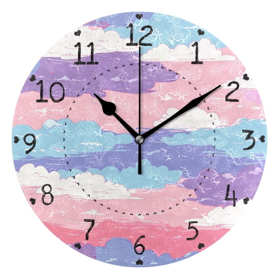 Cute Pink Blue Clouds Round Wall Clock Silent Battery Operated Home Decor for Living Room Bedroom