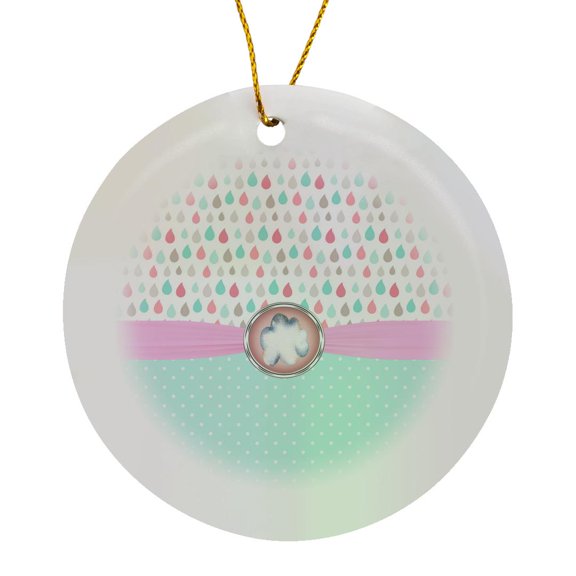 3drose, Cute Pink, Blue, Gray Rain Drops and Polka Dots with a Cloud Center, Circle Porcelain Ornament