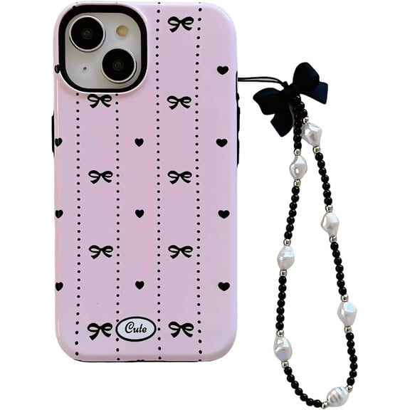 Cute Pink Bow 2 in 1 Case for iPhone 15 (NOT Pro) with Pearl Beaded Phone Charm,Trendy Black Heart Print 2 Layers Slim Protective i Phone 15 6.1" Cover + Wristchain for Girls Women