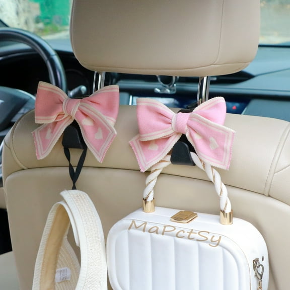 Cute Pink Bow Backseat Hooks, Car Seat Headrest Hook Purse Hangers, Love Heart Pattern,Set of 2