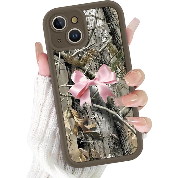 Cute Pink Bow Camo Phone Case for iPhone 14 Brown Case 6.1", Aesthetic Camouflage Ribbon Bowknot Leaves Pattern Shockproof Soft Slim TPU Full Camera Lens Protective Cover for Women Girls