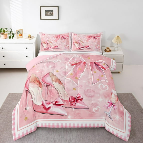 Cute Pink Bow Comforter Set Full Size,Pink Floral Rose Bedding Set Room Decor,Glass High Heel Bed Comforter Sets Kawaii Love Heart Quilt Bed Set with 2 Pillowcases