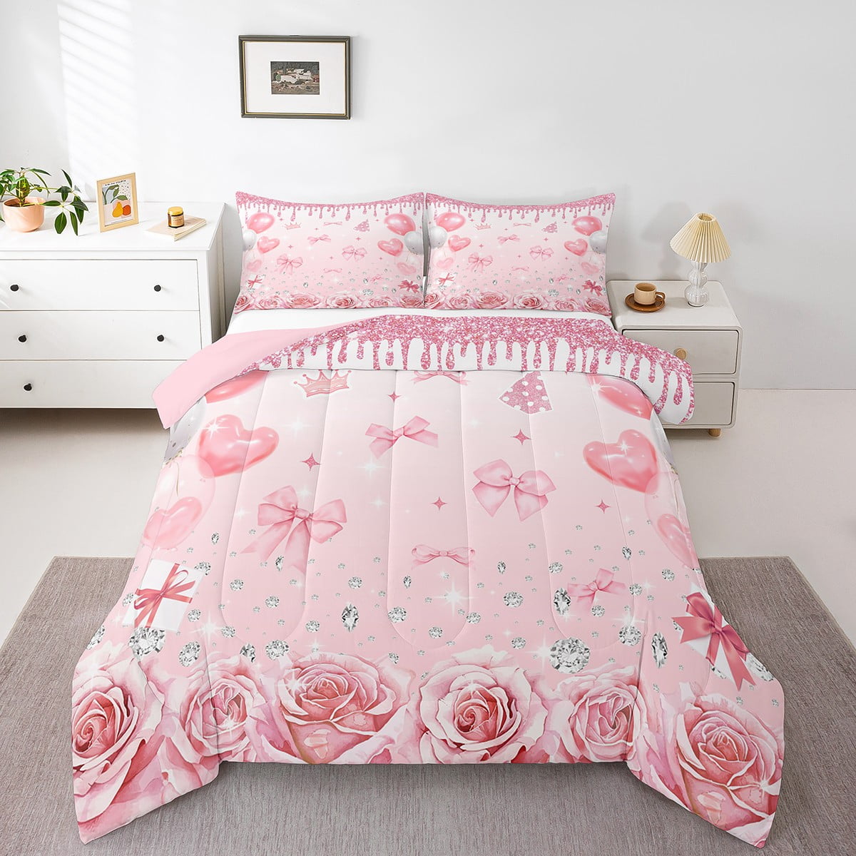 Cute Pink Bow Comforter Set Queen Size,Pink Floral Rose Bedding Set